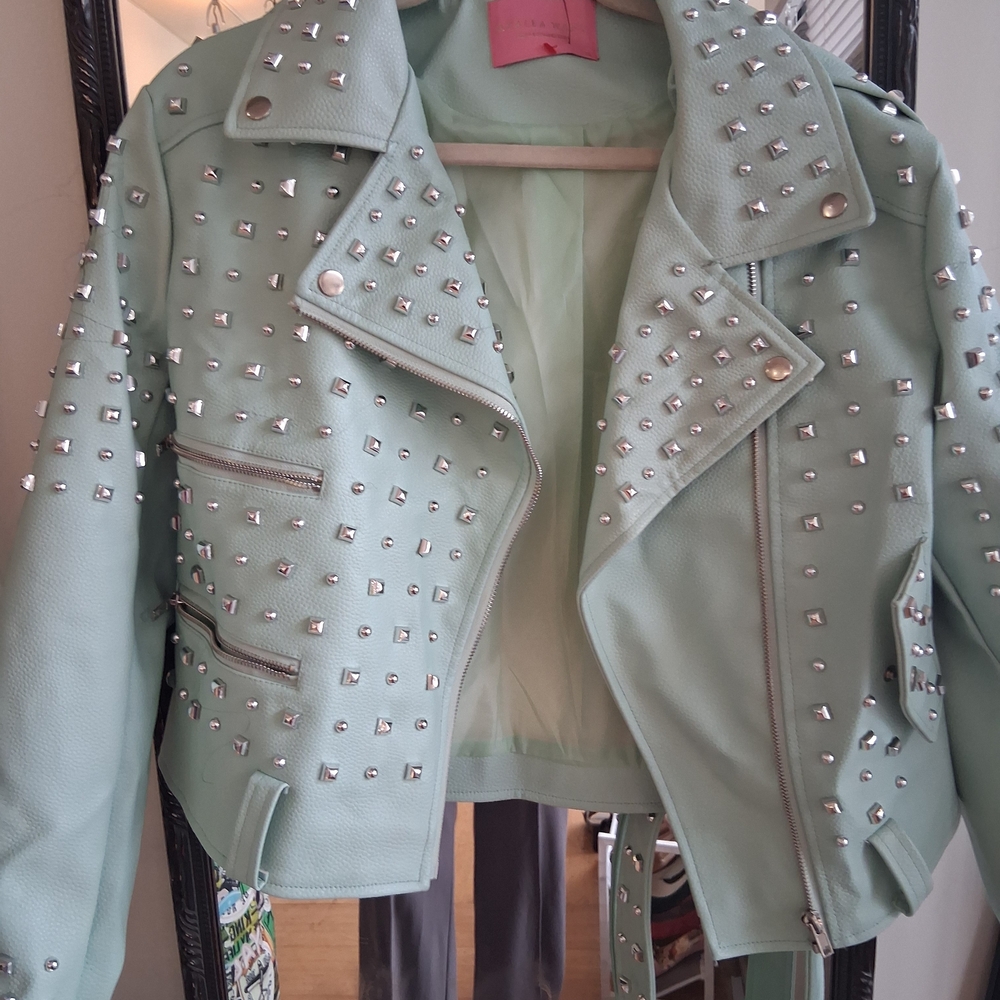 AKIRA Mint Green Studded Moto Jacket